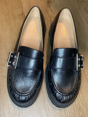BLACK CHUNKY FAUX LEATHER SLIP ON LOAFER MULE SIZE 12 WW WIDE BUCKLE GRUNGE